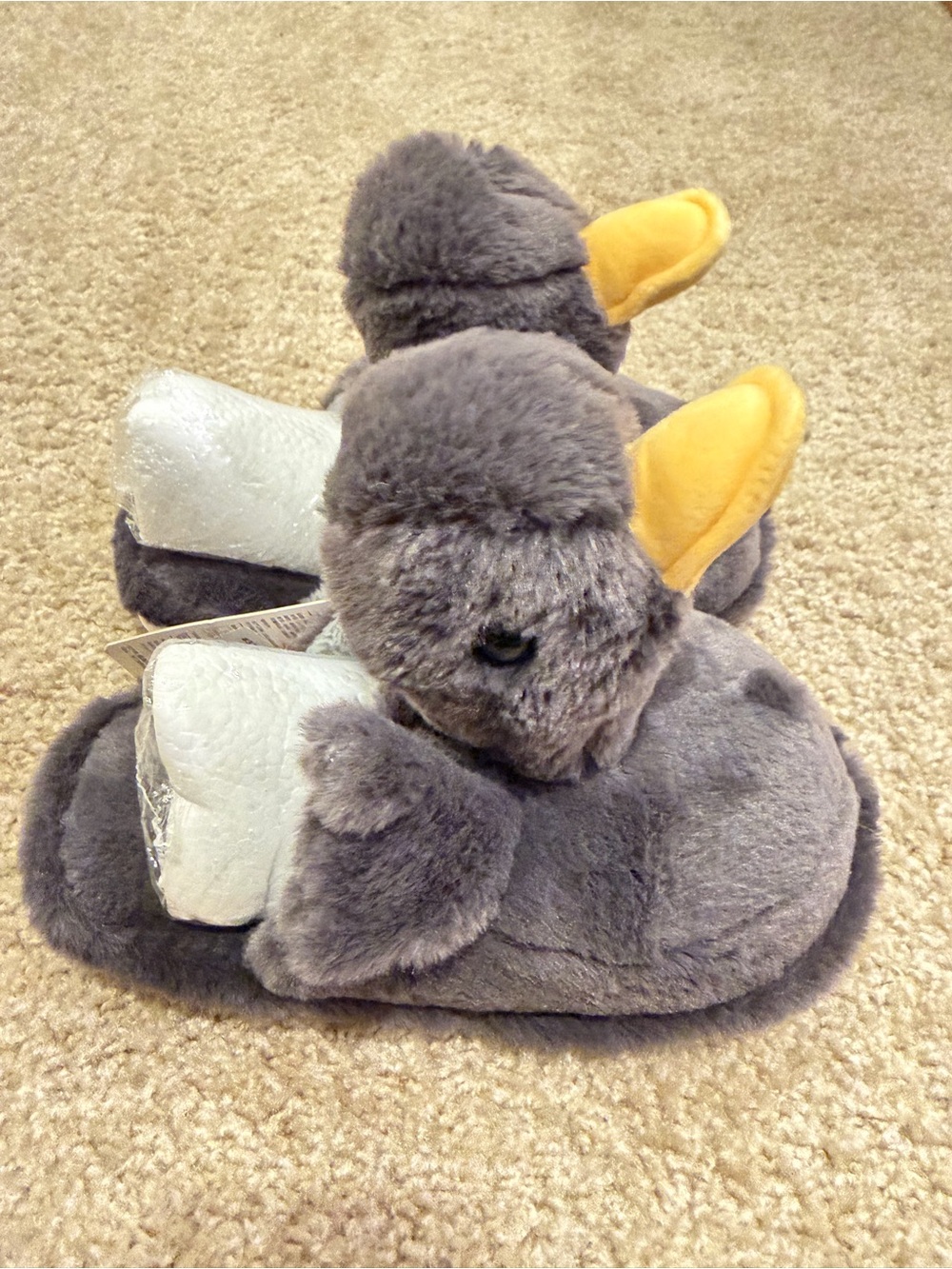 Plush Grey Duck Slippers with Yellow Beaks